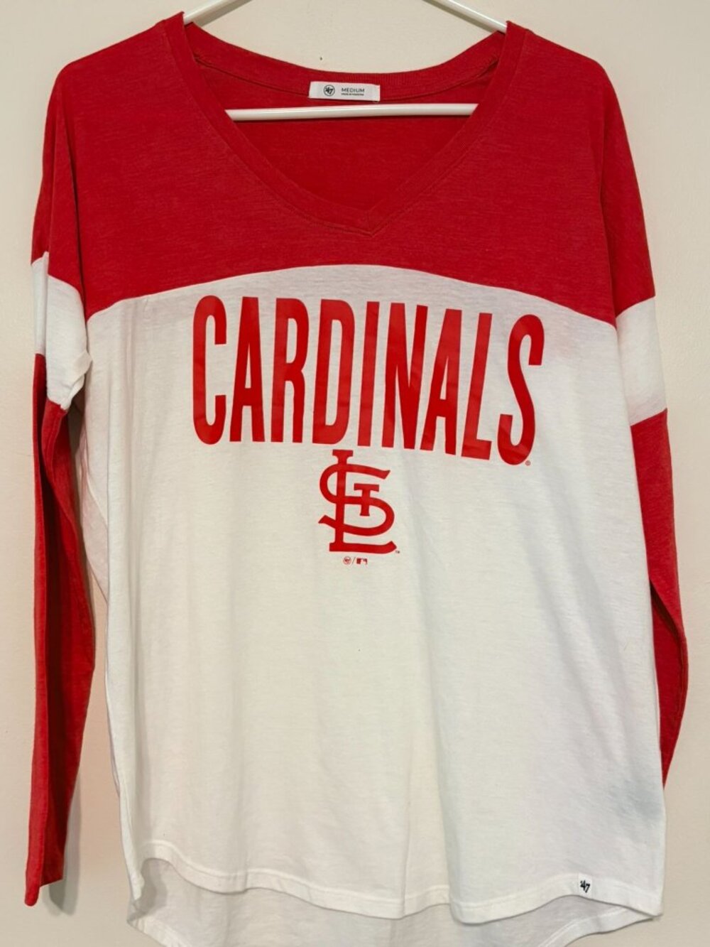 Women's 47 Brand Red White St Louis Cardinals Oversized Long Sleeve Tee Medium